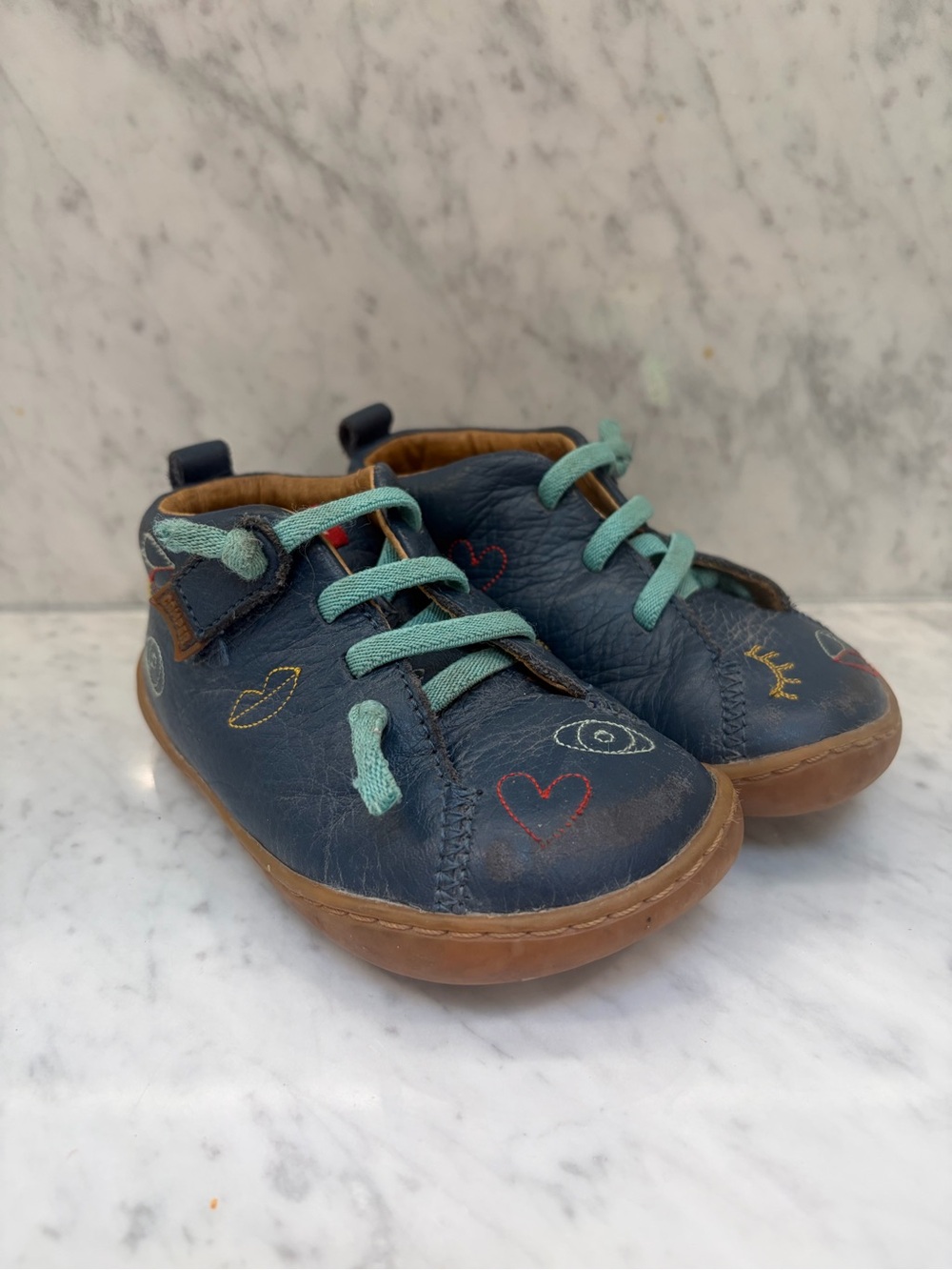 Camper Kids Peu Leather Boots Navy Blue EU 24 Toddler Shoes Embroidered Hearts